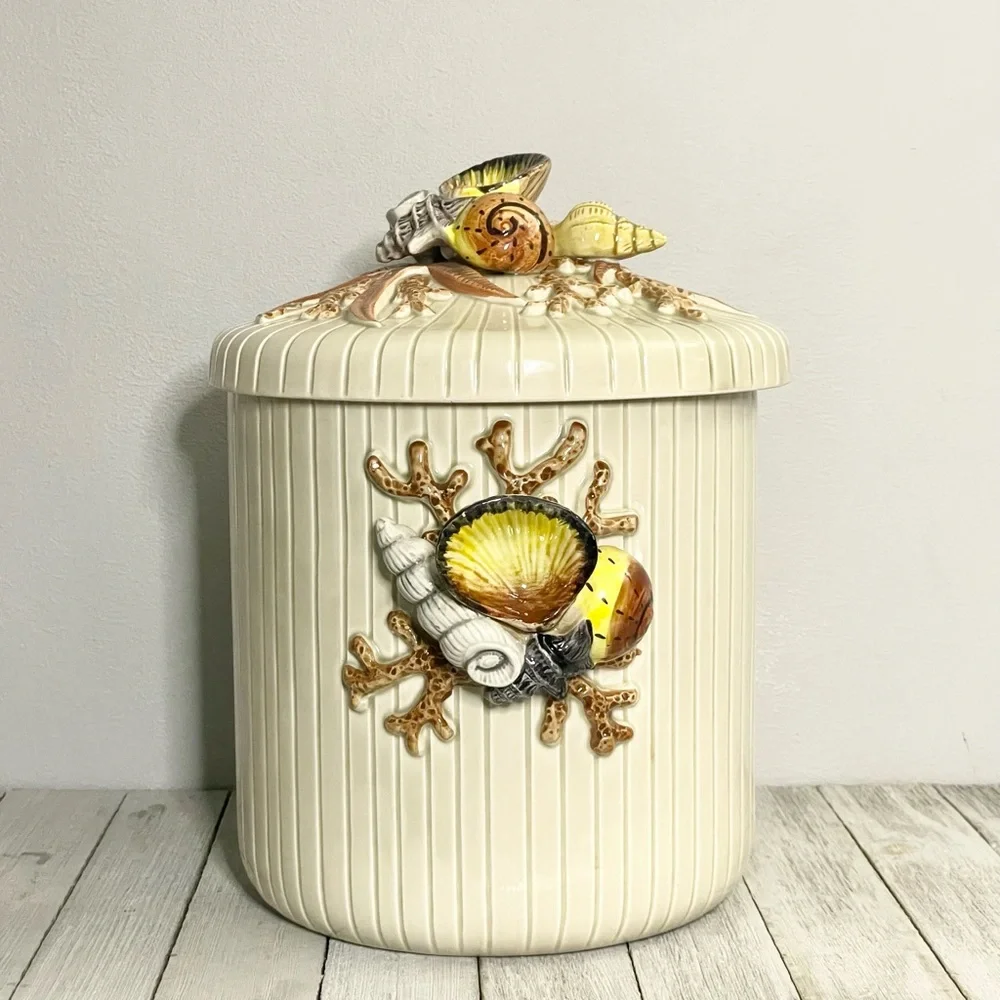 Fitz and Floyd RARE Vintage Coquille Seashell Coral Nautical Ice Bucket with Lid